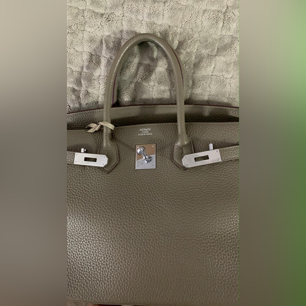 Elegant gray grey etain grayish Leather tote bag Birkin style